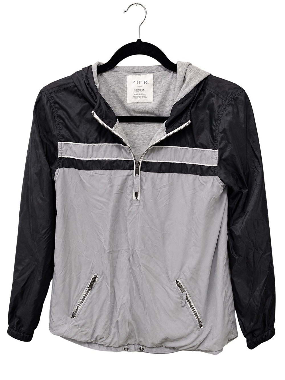 Zine Clothing Gray and Black Hooded Windbreaker Pullover